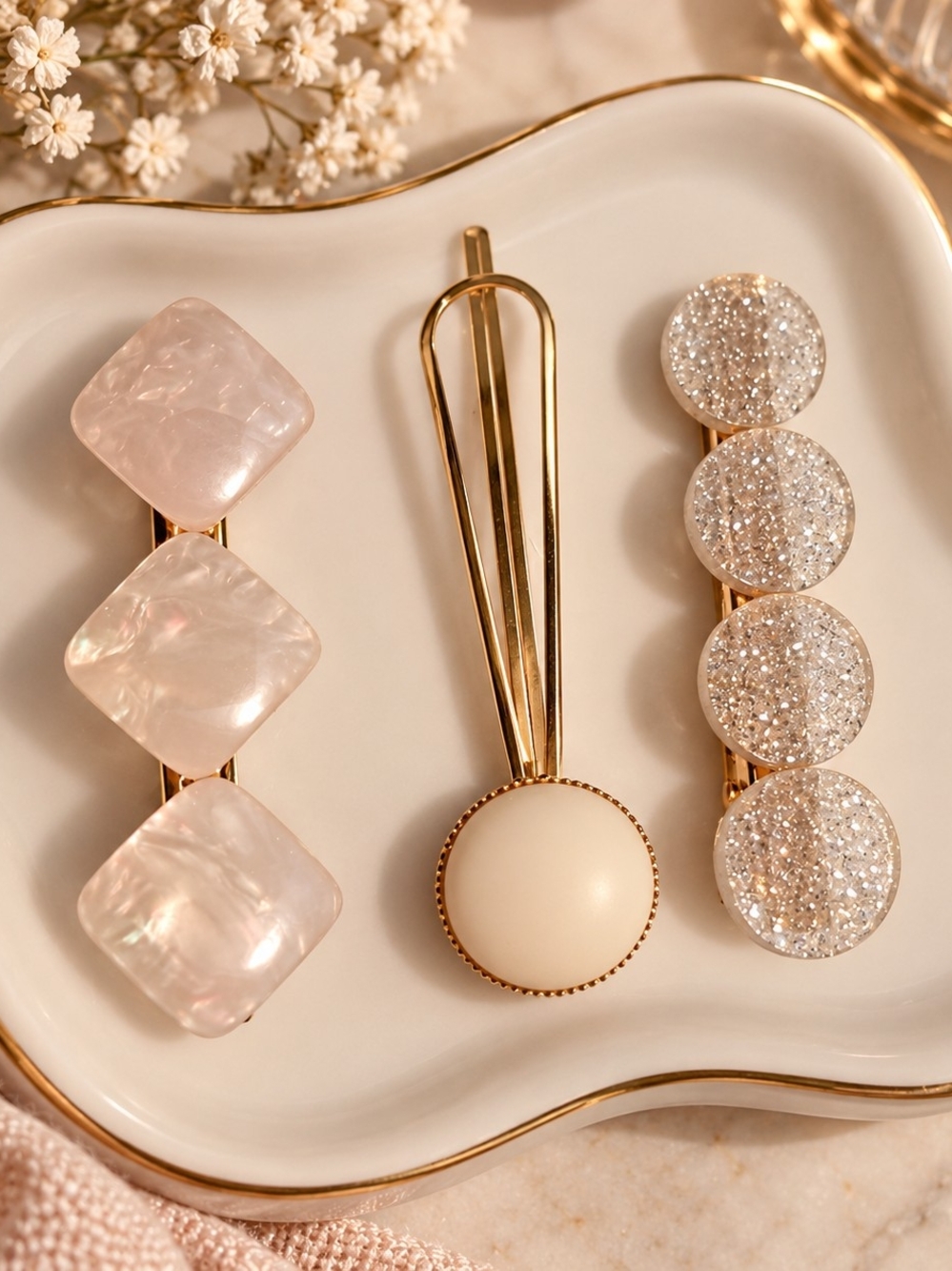 Gold-Tone Hair Clip Set White/Cream/Pearl and Sparkle Accents New